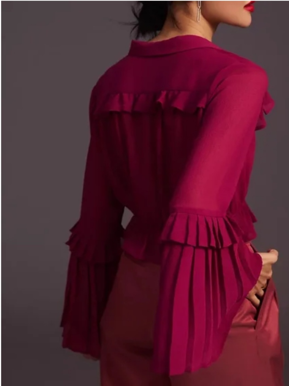 Anthropologie Sheer Ruffled V-Neck Blouse Berry XL Cropped Flowy Lightweight - Picture 2 of 15